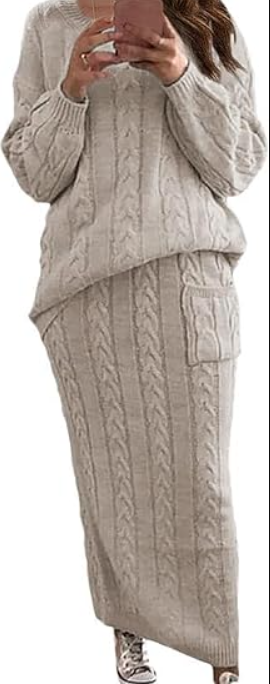 Women's Winter Chunky Cable Knit Long Skirt 2 Piece Outfit Sweater Sets